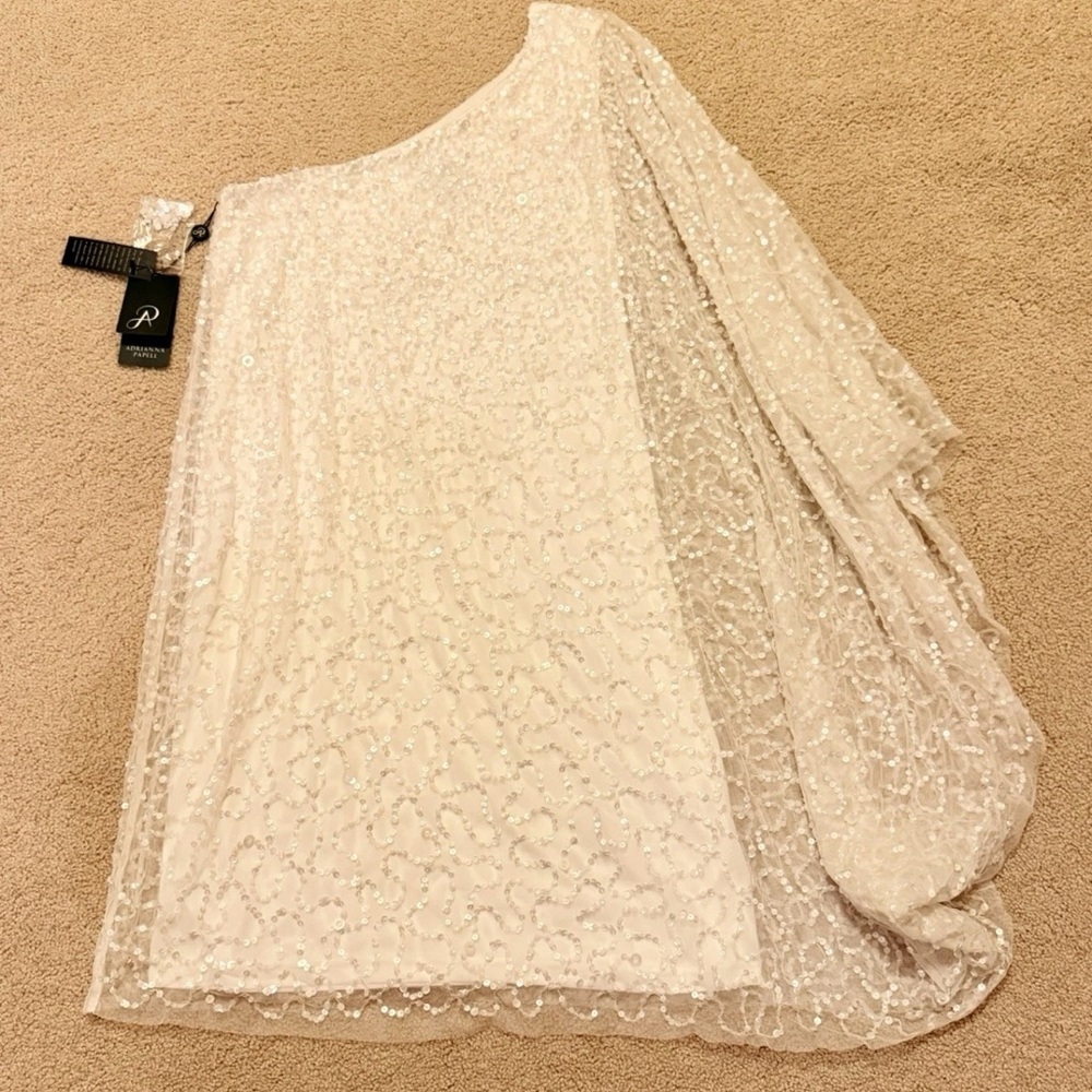 NWT, Adrianna Papell White Sequin Embellish One Shoulder Butterfly Dress,Size XS